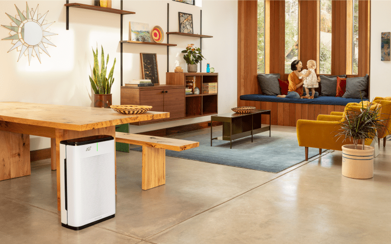 Brondell Pro air purifier in the living room with mom and daughter