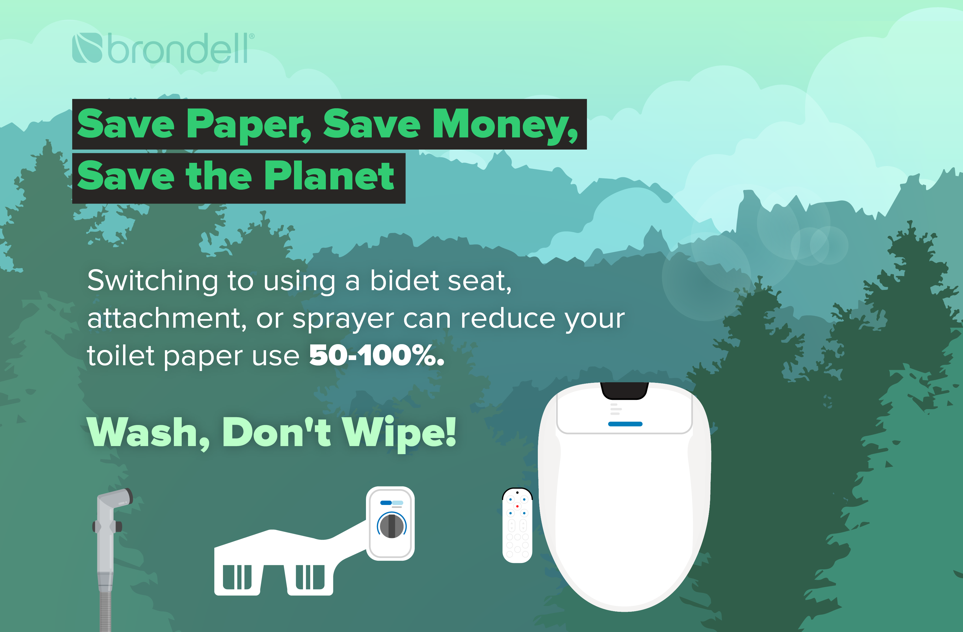 Bidet infographic of how switching to a bidet toilet seat can help reduce toilet paper use and effects on the environment